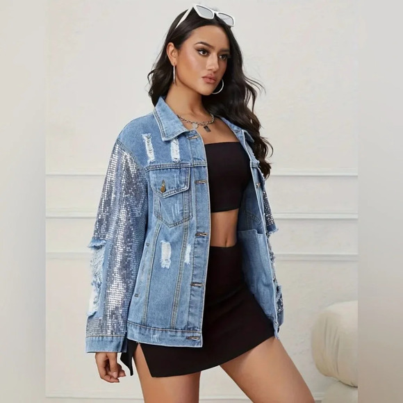 Sequin Oversized Distressed Denim Jacket - Picture 2 of 6